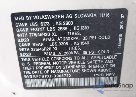 2017 Volkswagen Touareg V6 Wolfsburg Edition z USA, uszkodzony, nr VIN WVGRF7BPXHD003710